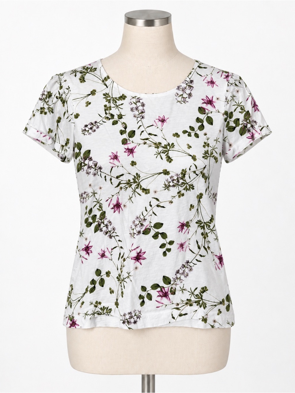 Ann Taylor 100% Cotton Tee Shirt Floral Top Size L White Casual Comfy Everyday